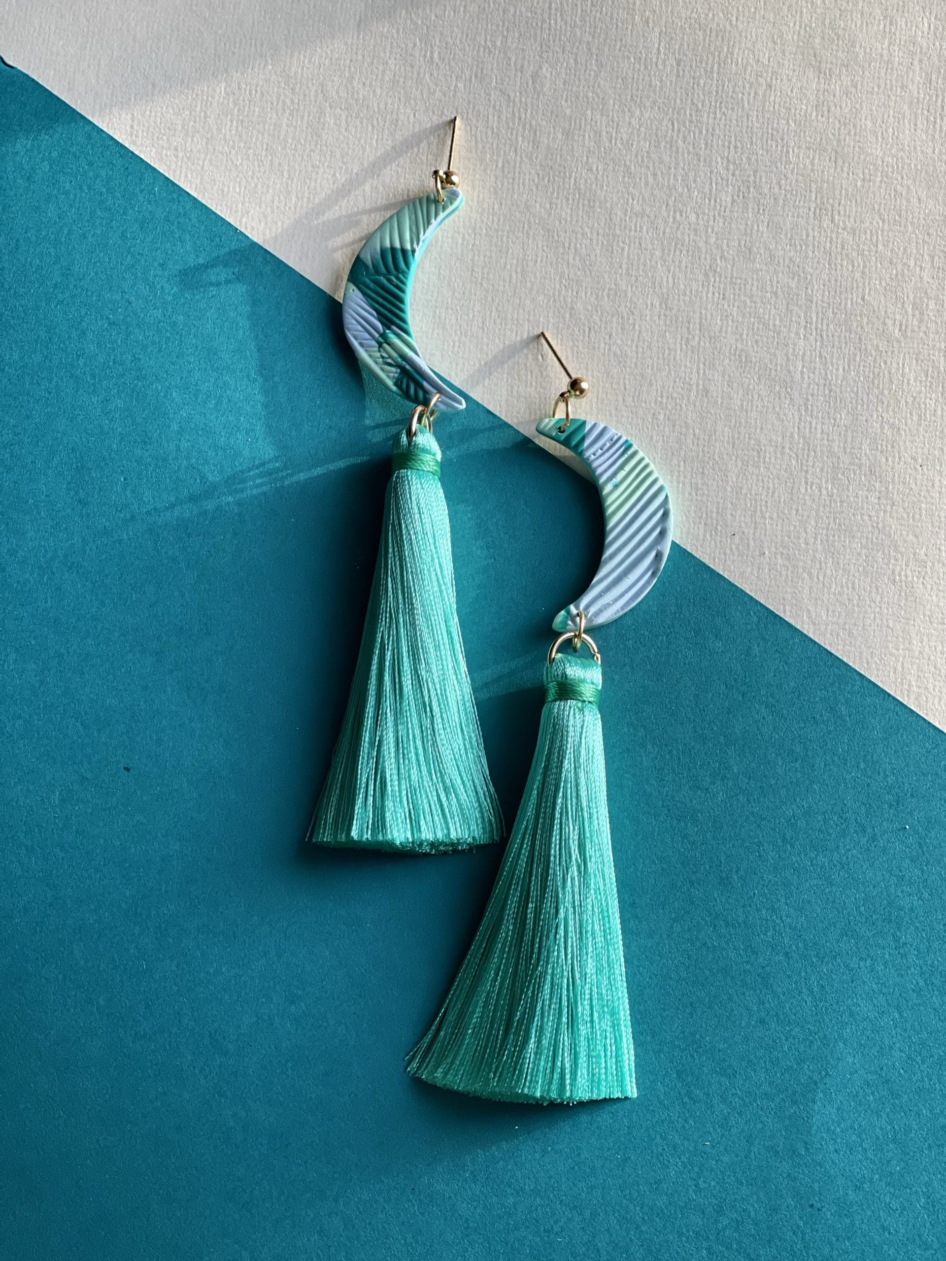 B.Lauren Designs Aquamarine (Half moon with Tassles) Earrings- A Swirl of turquoise design